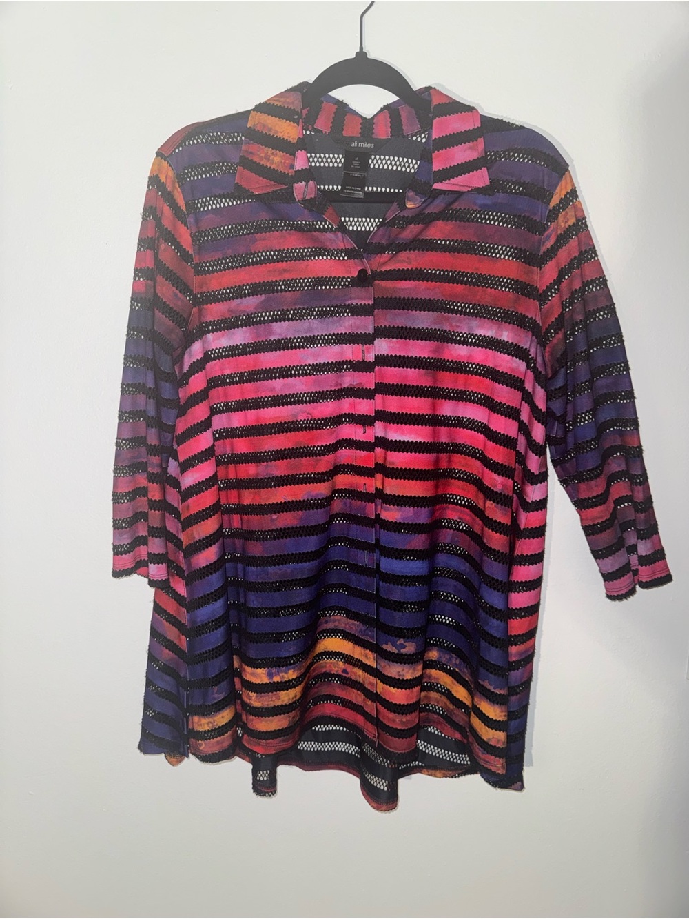 Ali Miles Striped Open-Knit Collared Tunic - Pink Red Purple Blue Orange